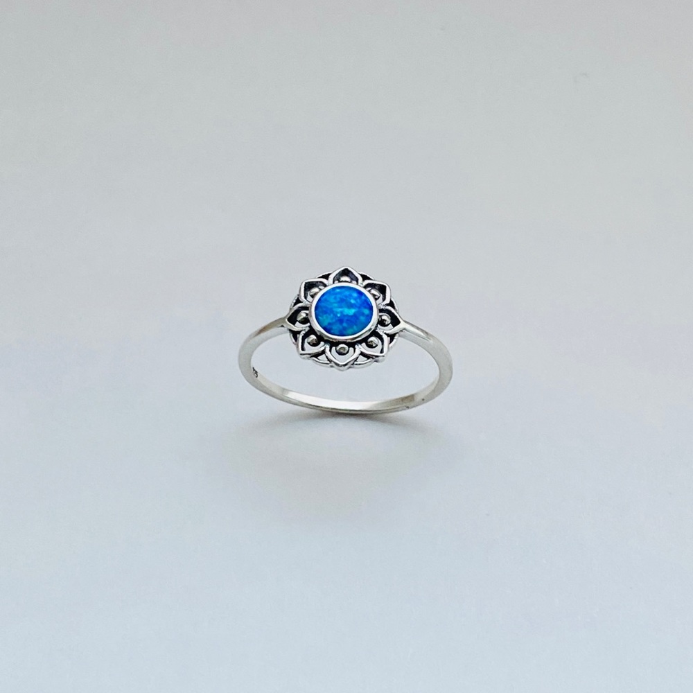 Sterling Silver Mandala Blue Lab Opal Ring, October Birthstone Jewelry Rings